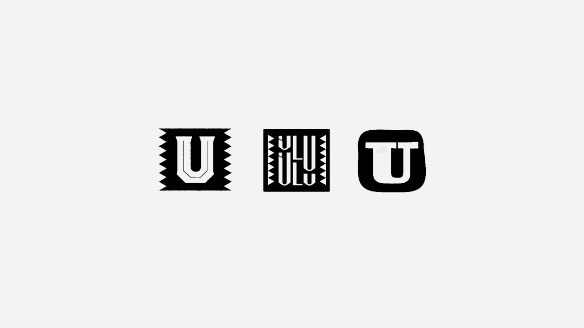 Three black square logo variations built around the letter U, with zigzag and patterned borders