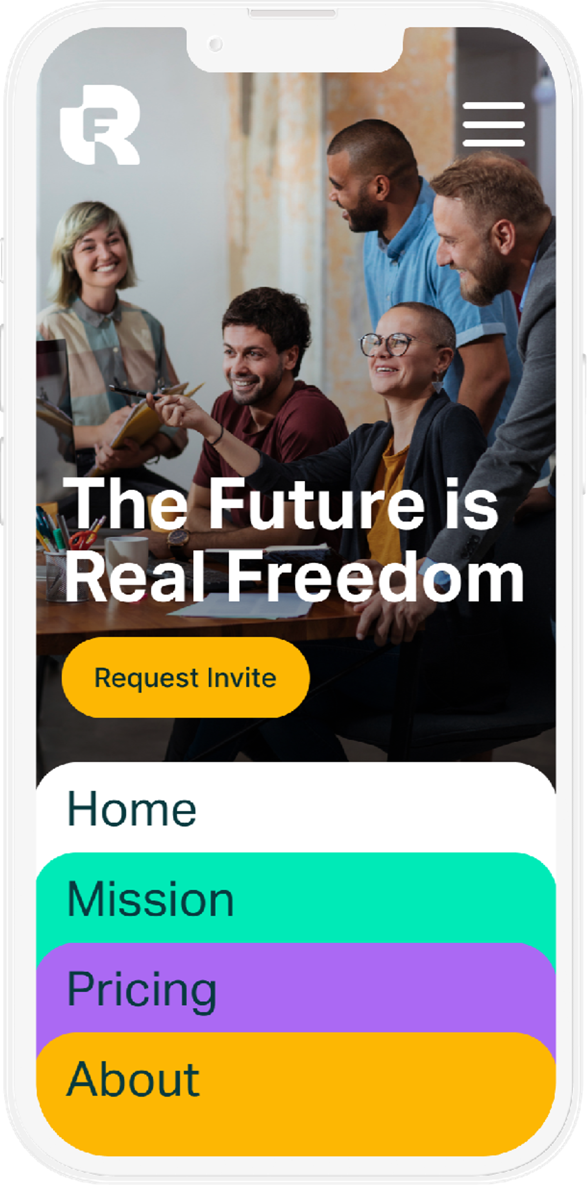 Real Freedom CoLab mobile website mockup on a phone with colorful stacked menu