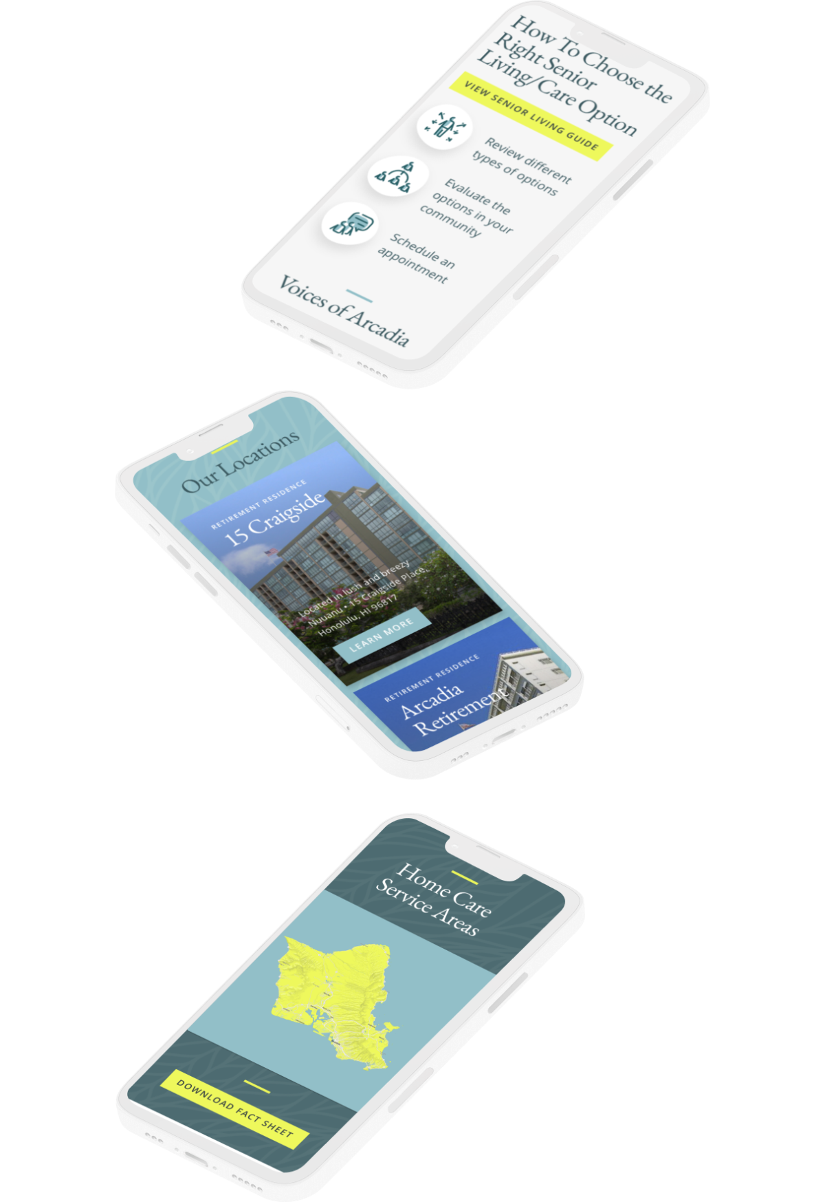 Three phones showing Arcadia mobile pages: choosing a senior care option, Our Locations and Home Care Service Areas