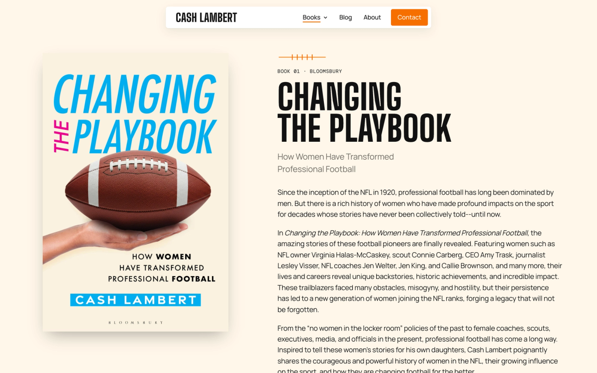 The Changing the Playbook book page: the cover on the left, the laces ornament, title and description on the right.