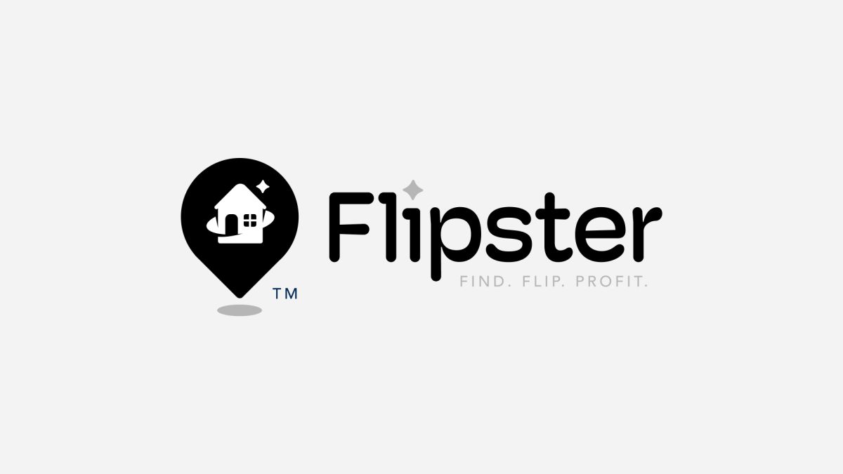 Flipster logo with a house inside a map pin and the tagline "Find. Flip. Profit." in black on light gray