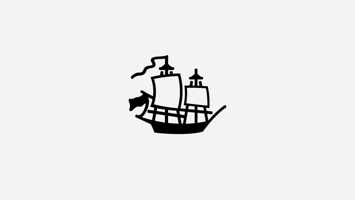 Black line-art logo mark of a two-masted sailing ship with billowing sails and flags