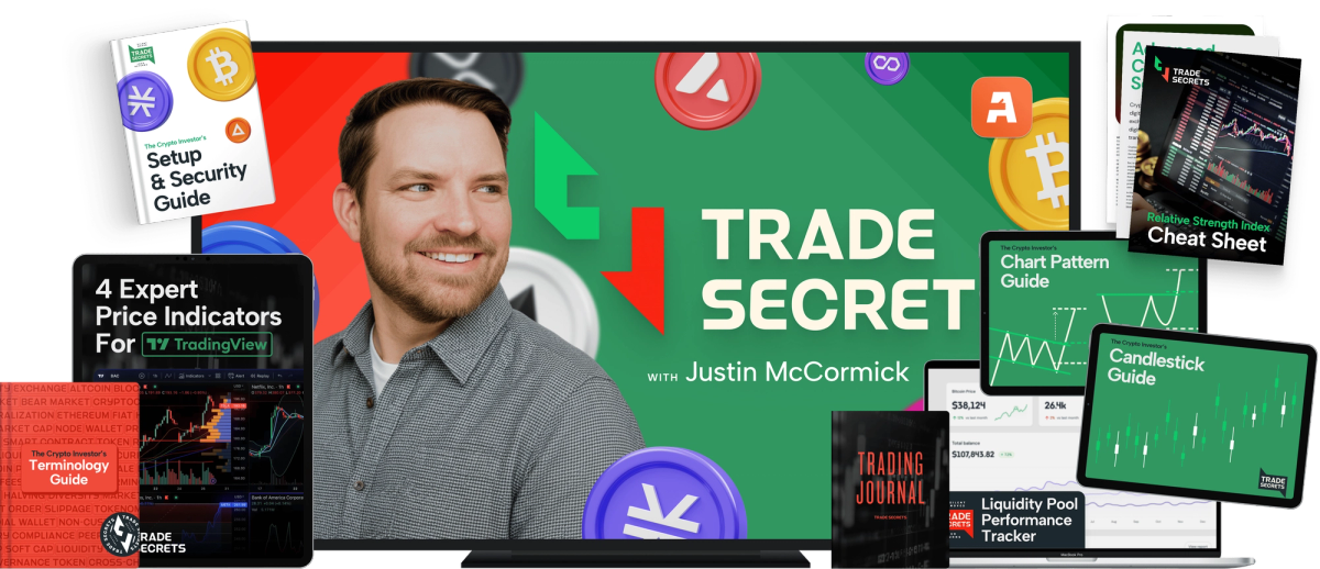 Trade Secrets product suite: course video with chart pattern, candlestick and terminology guides