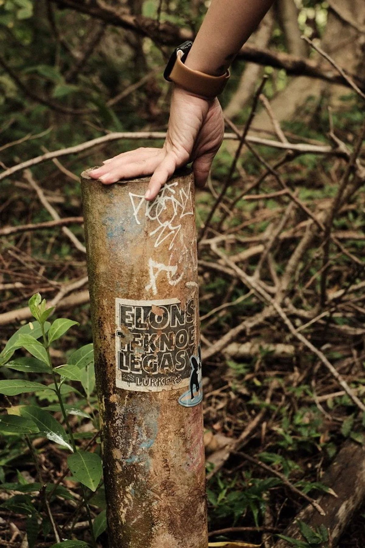 Hand resting on a sticker-covered concrete trail post in dense Oahu brush