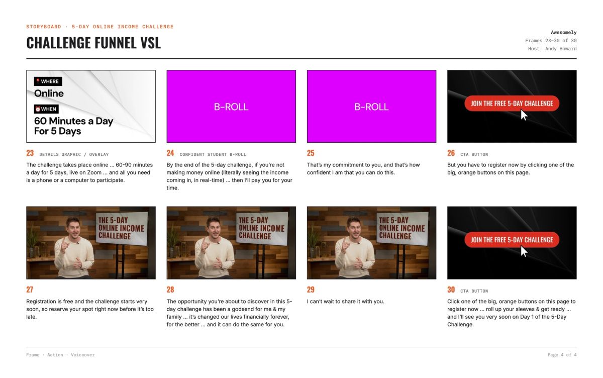 Storyboard page 4 for the Challenge Funnel VSL: a details overlay, b-roll, the host and a Join the Free 5-Day Challenge button, with voiceover under each frame