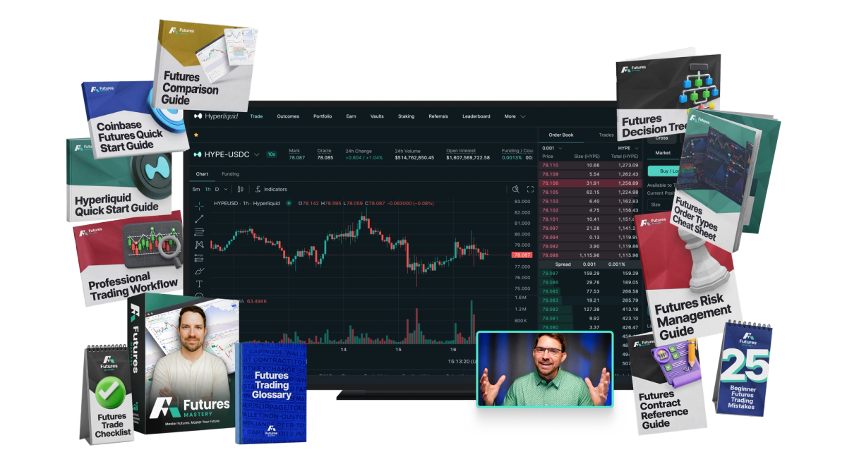 Futures Mastery guides and checklists fanned around a trading platform screen