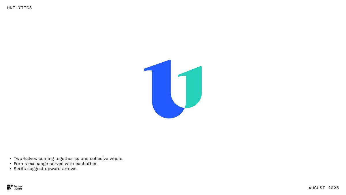 Concept A mark: a U split into a blue half and a teal half, with serifs that read as upward arrows.