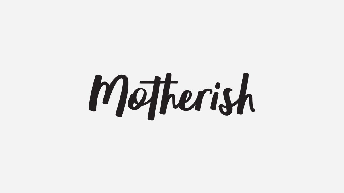 Motherish logo in black hand-lettered brush script on a light gray background