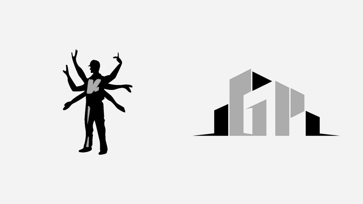 Two black-and-gray logos: a multi-armed worker silhouette and an abstract building skyline mark