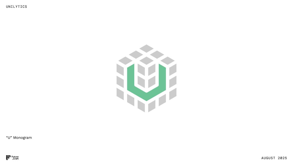 Concept B study: the cube in grey with the U monogram picked out in green.