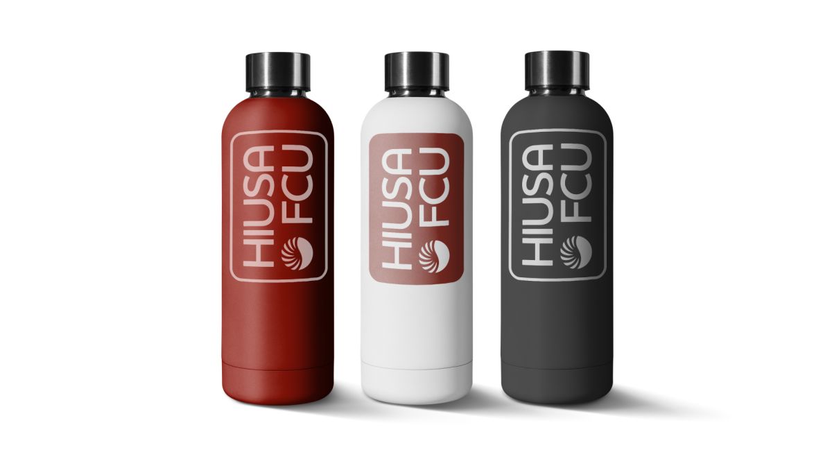 Three HIUSA FCU branded water bottles in red, white and black, each printed with the credit union logo