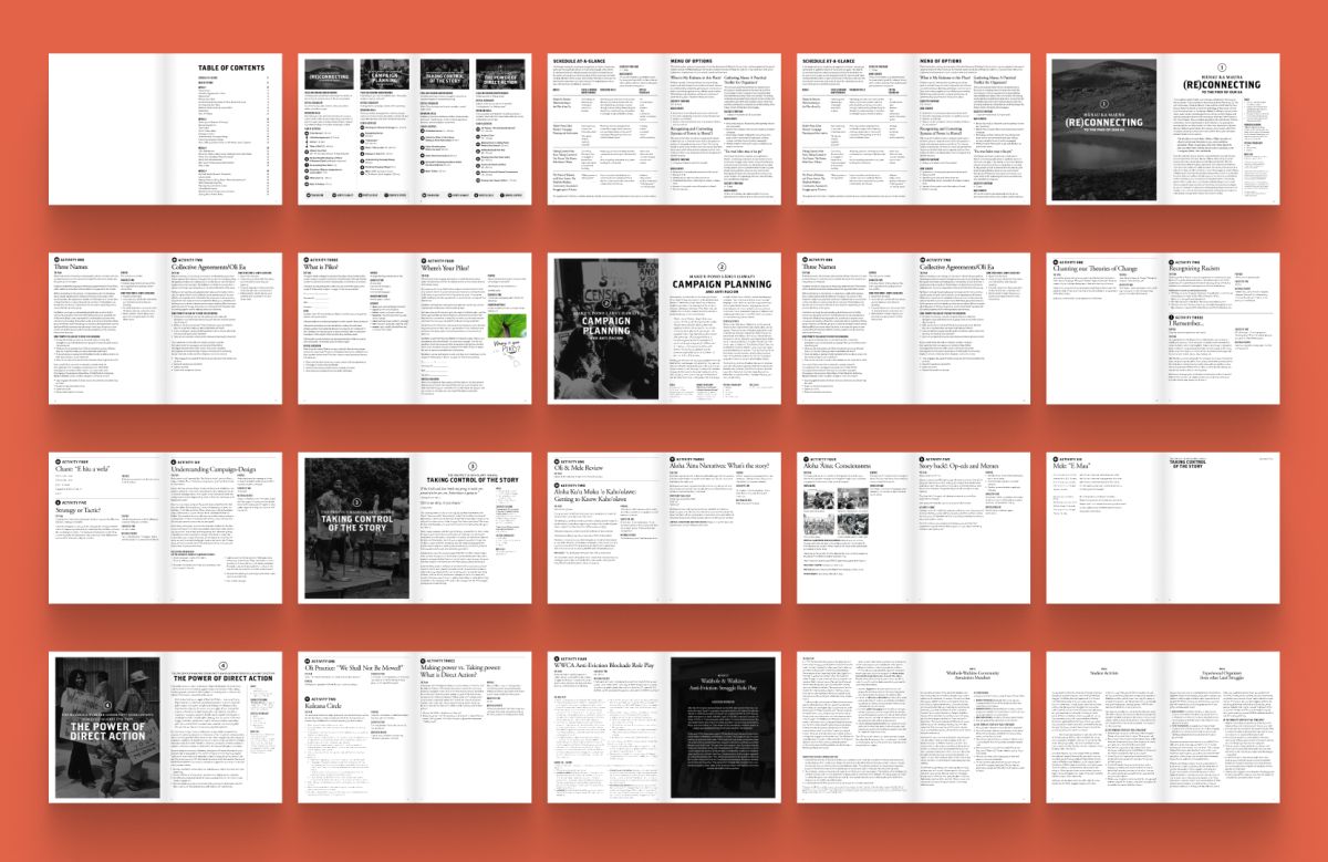 Grid of MANA curriculum manual page spreads, including a table of contents and chapter openers, on orange