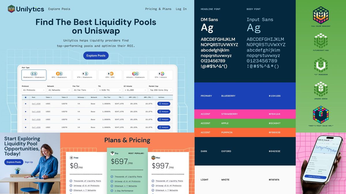Concept B applied: a light homepage, colorful pricing cards, brand type and app icons.