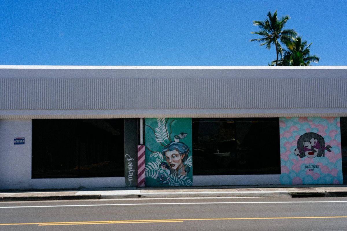 Low white building with two painted portrait murals on its facade, a palm tree against the blue sky