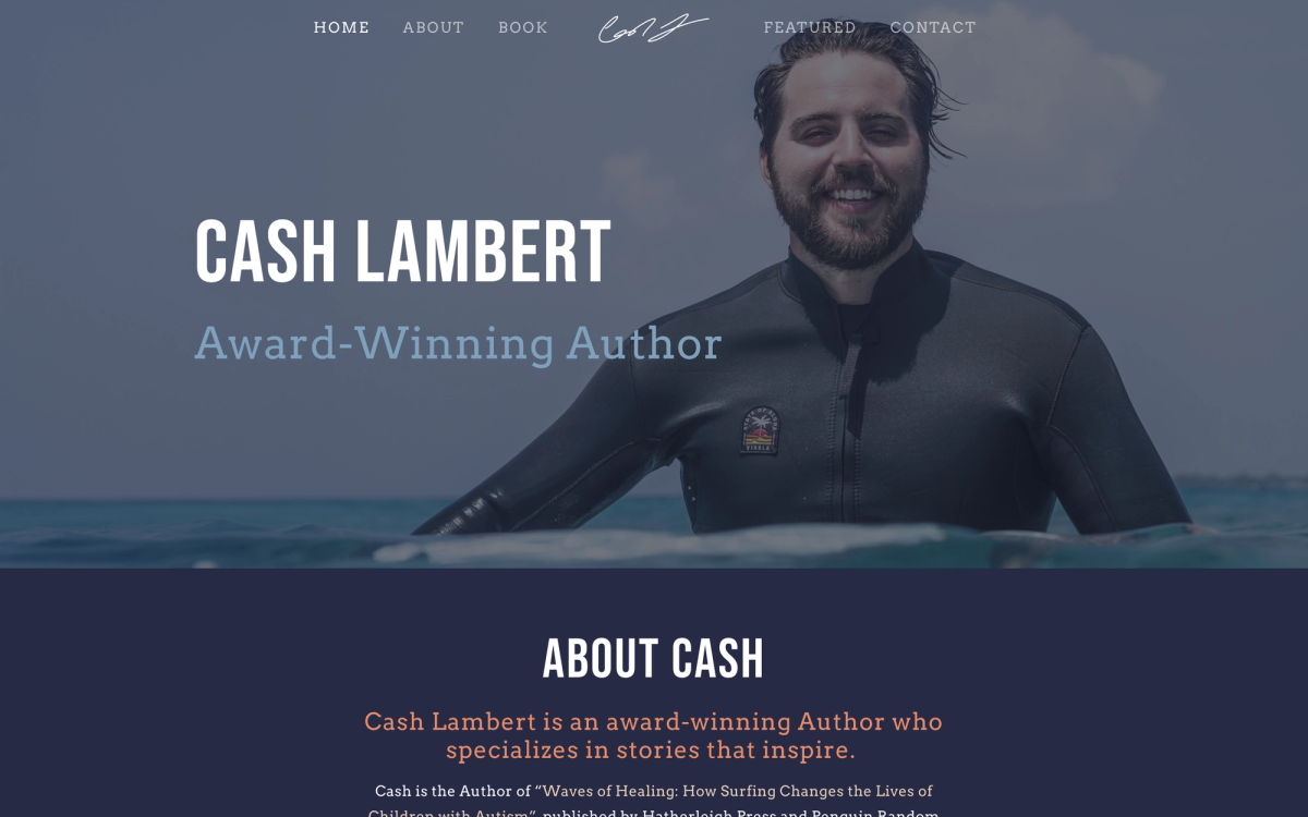 The old Squarespace homepage: Cash in a wetsuit in the ocean under his name, with a single Book link in the nav.