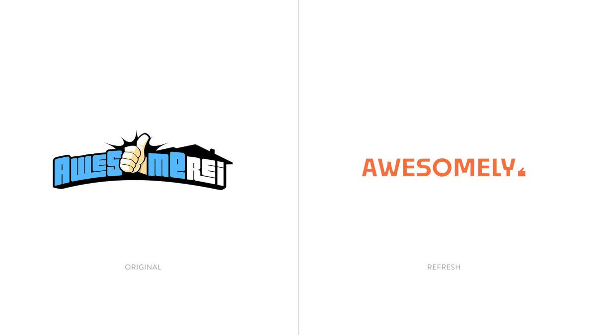 Awesomely logo before and after: original blue AwesomeREI wordmark beside the refreshed orange wordmark
