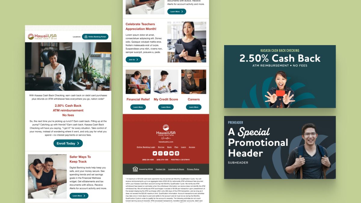 HawaiiUSA email newsletter designs and promotional banners, including a 2.50% Cash Back checking offer