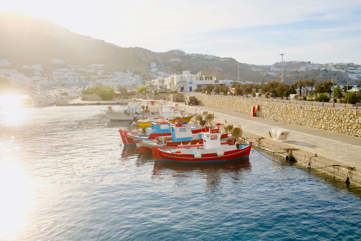 Small fishing boats moored in Mykonos harbor