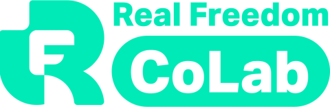 Real Freedom CoLab primary logo with mint green R monogram