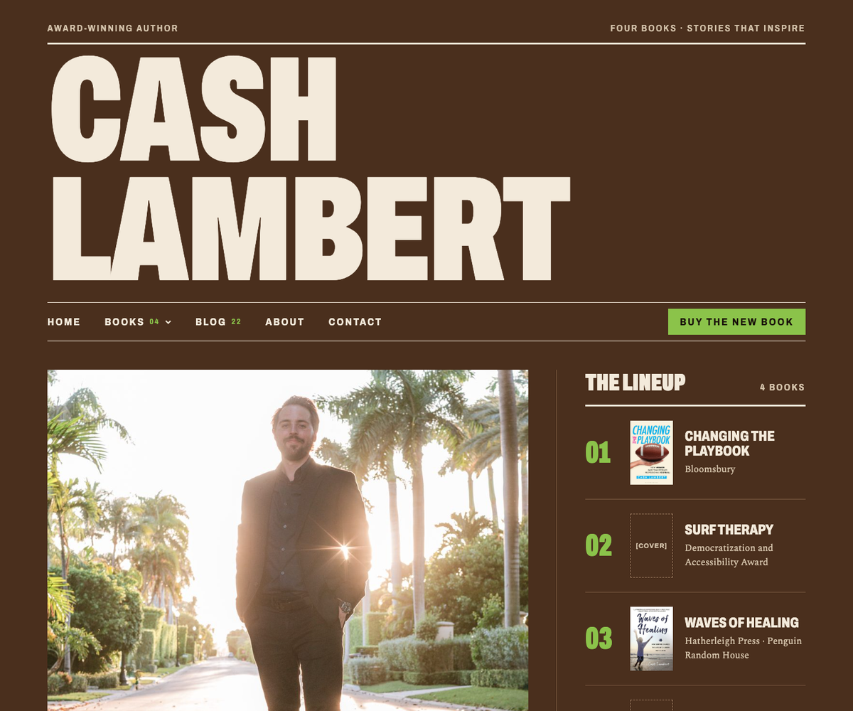 Direction D, Front Page: "CASH LAMBERT" set as a newspaper masthead on brown, with a numbered list of his books beside a photo.