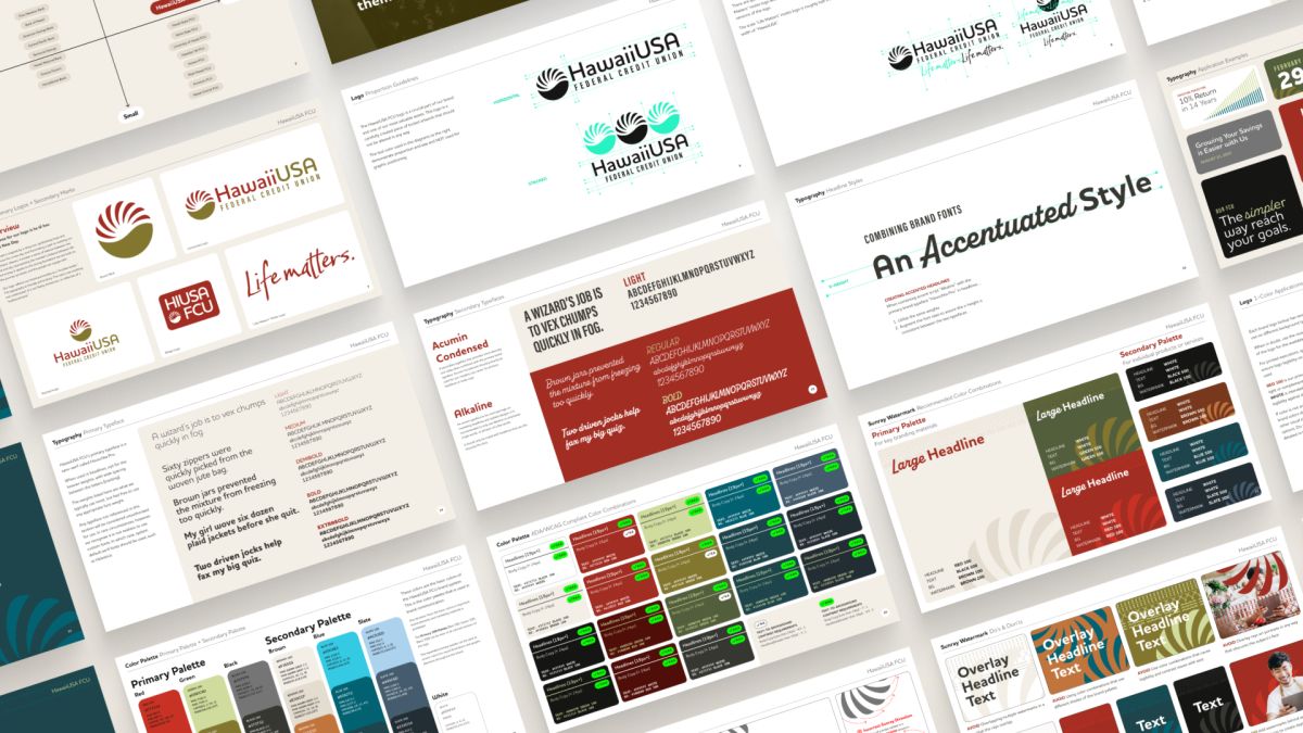 Angled grid of HawaiiUSA brand guideline slides covering logos, typography and color palettes