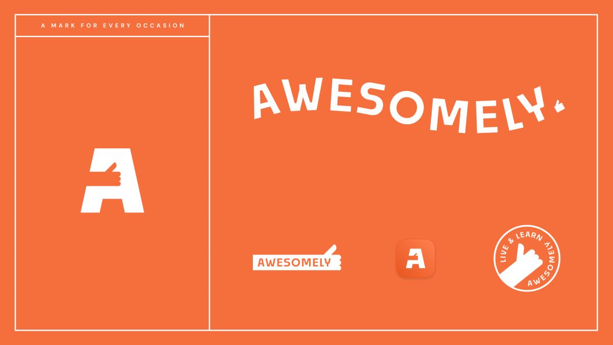 Awesomely brand slide titled A Mark for Every Occasion, showing the monogram, wordmark, app icon and badge