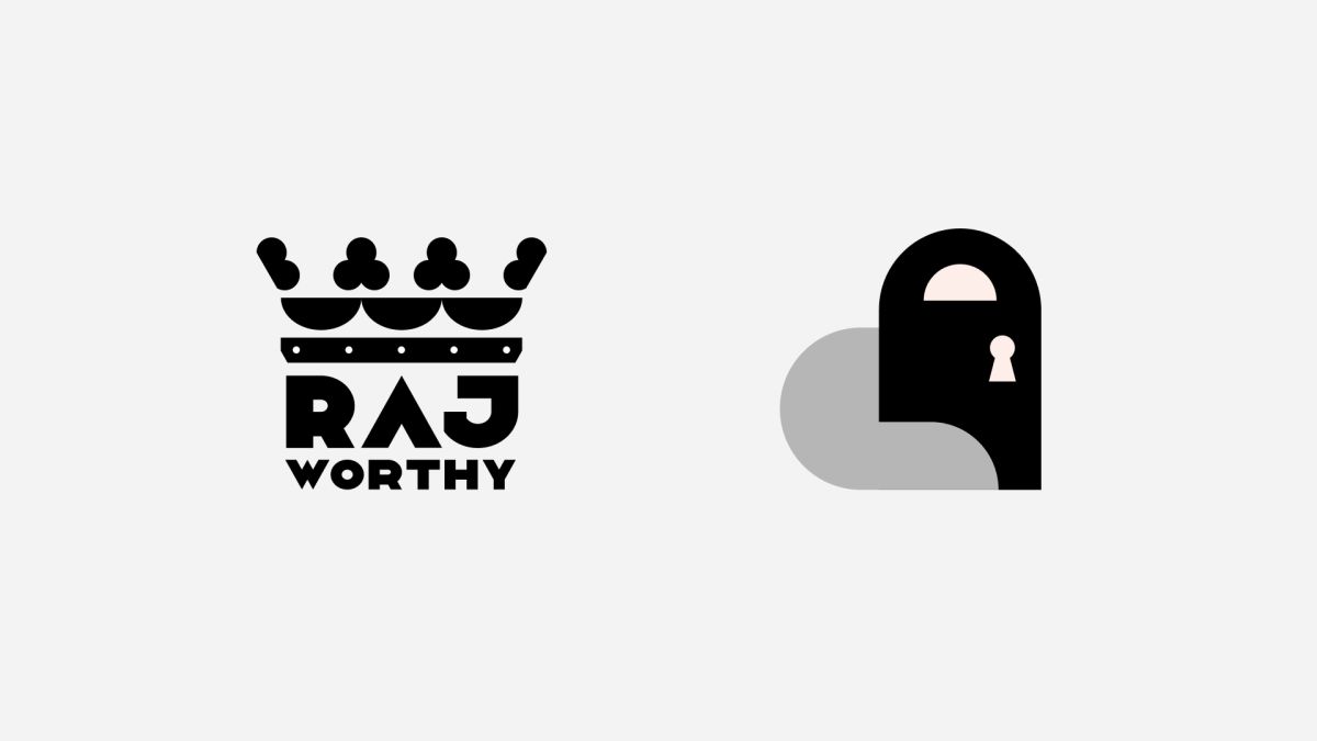 Two black logos on light gray: Raj Worthy with a crown, and a keyhole door shape overlapping a gray cloud
