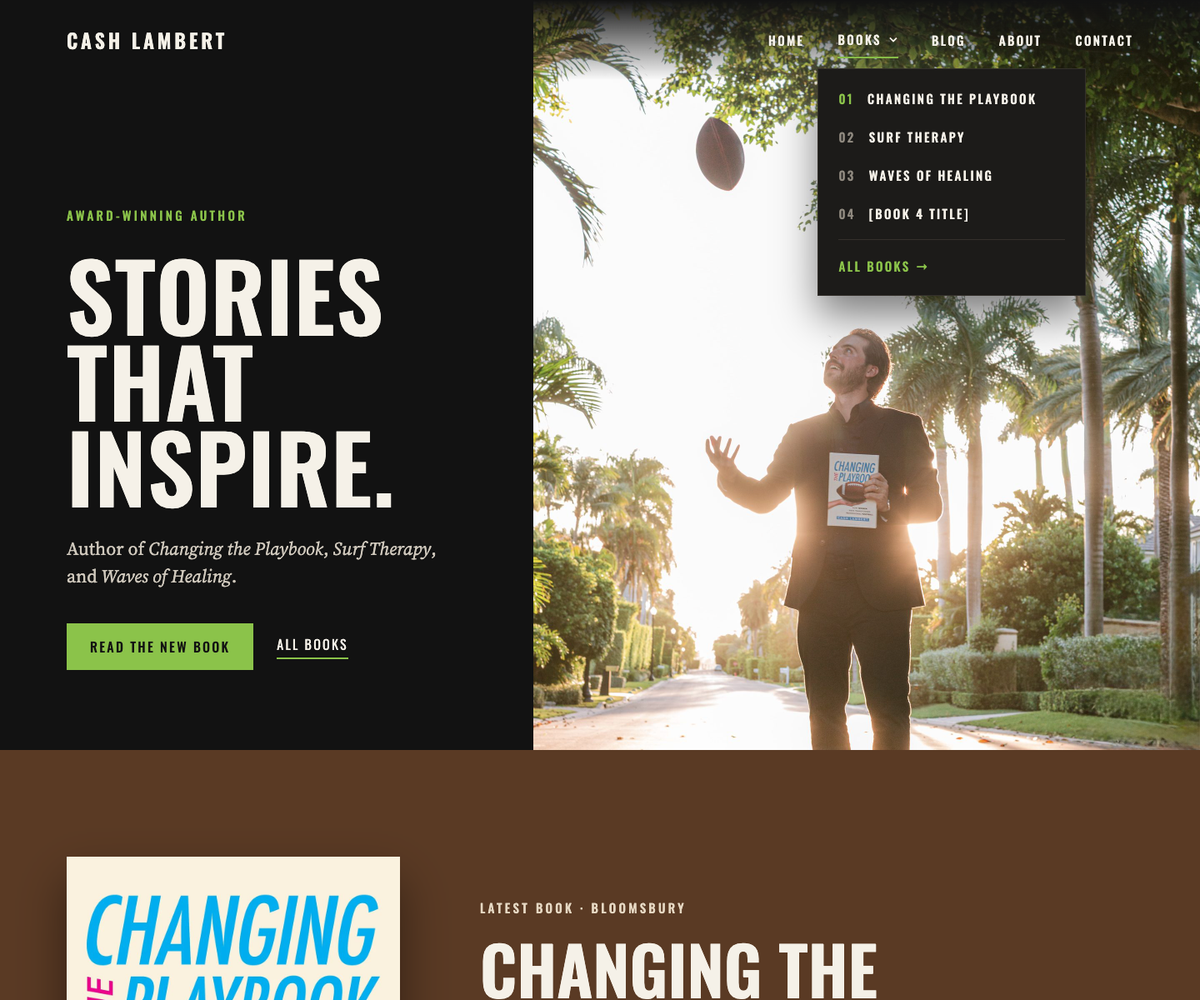 Direction A, Under the Lights: a dark homepage with "Stories that inspire." in tall condensed caps and a photo of Cash tossing a football on a palm-lined street.
