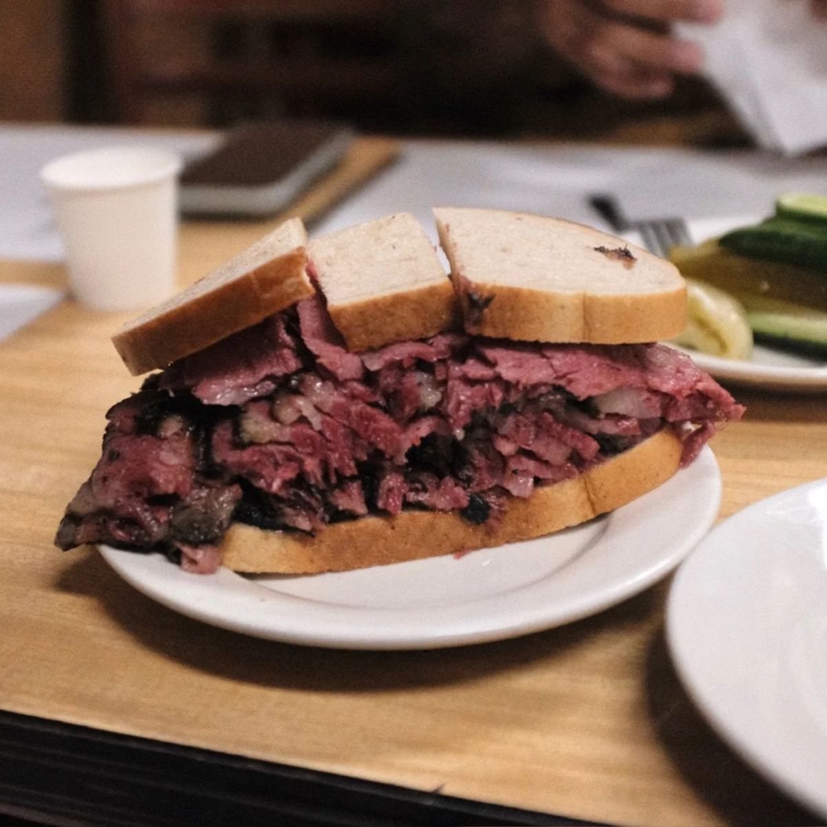 Pastrami on rye sandwich piled high at Katz's Delicatessen