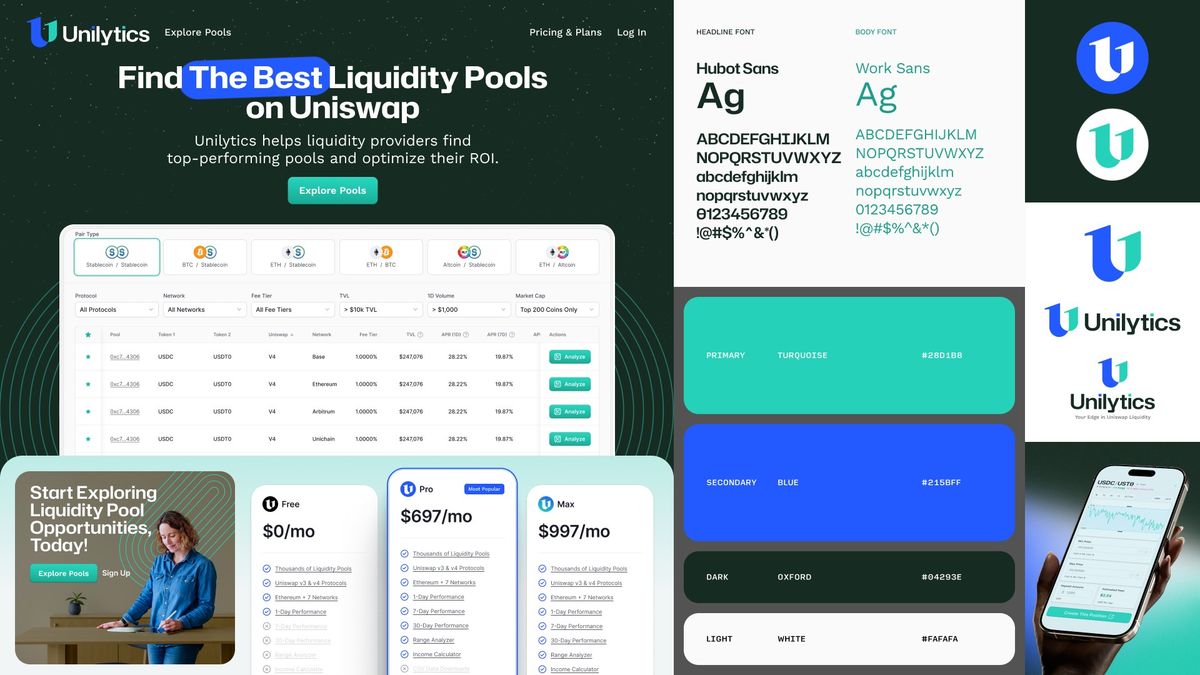 Concept A applied: a dark homepage with a pools table, brand type, green and blue swatches and app icons.
