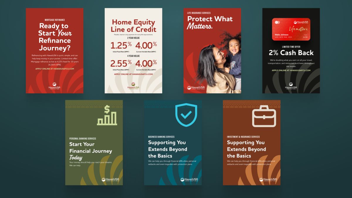 Set of HawaiiUSA print ads for refinancing, home equity, insurance, cash back and banking services