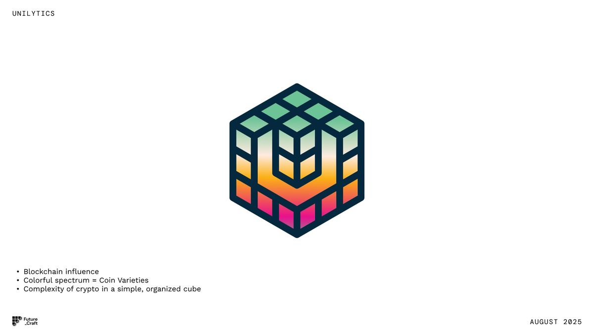 Concept B mark: an isometric cube in a green to orange to pink gradient with a U formed in its center.