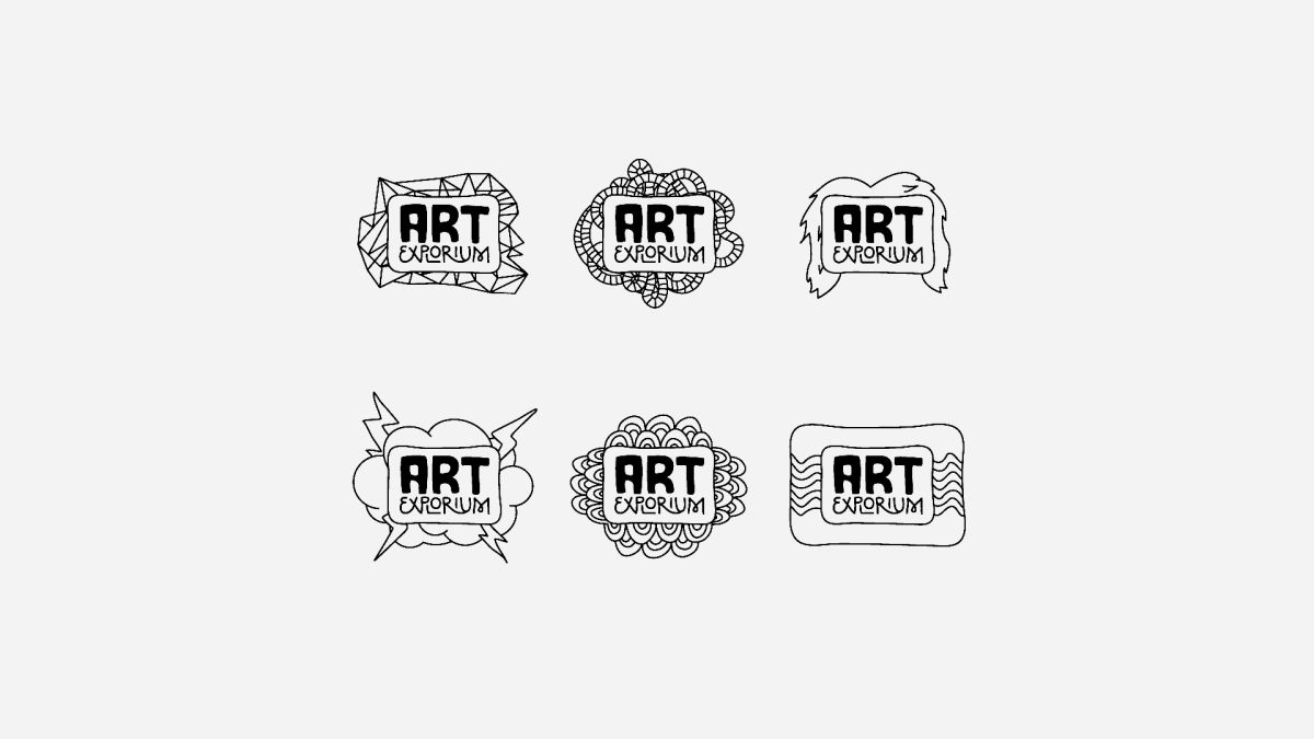 Six hand-drawn Art Exporium logo variations, each framing the name with a different doodle border