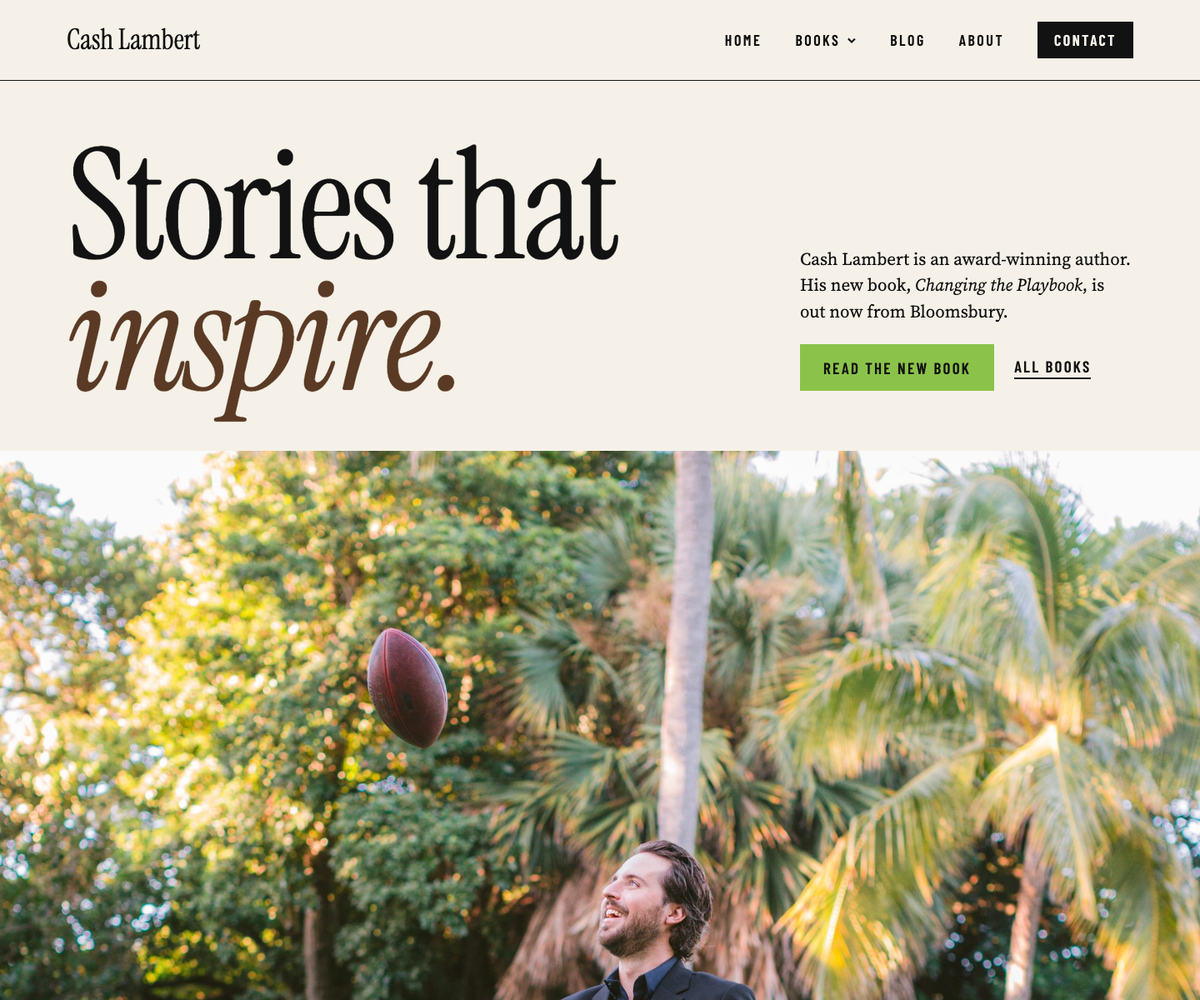 Direction B, Paperback: a cream editorial homepage with "Stories that inspire." in a large serif above a wide photo of Cash under palm trees.