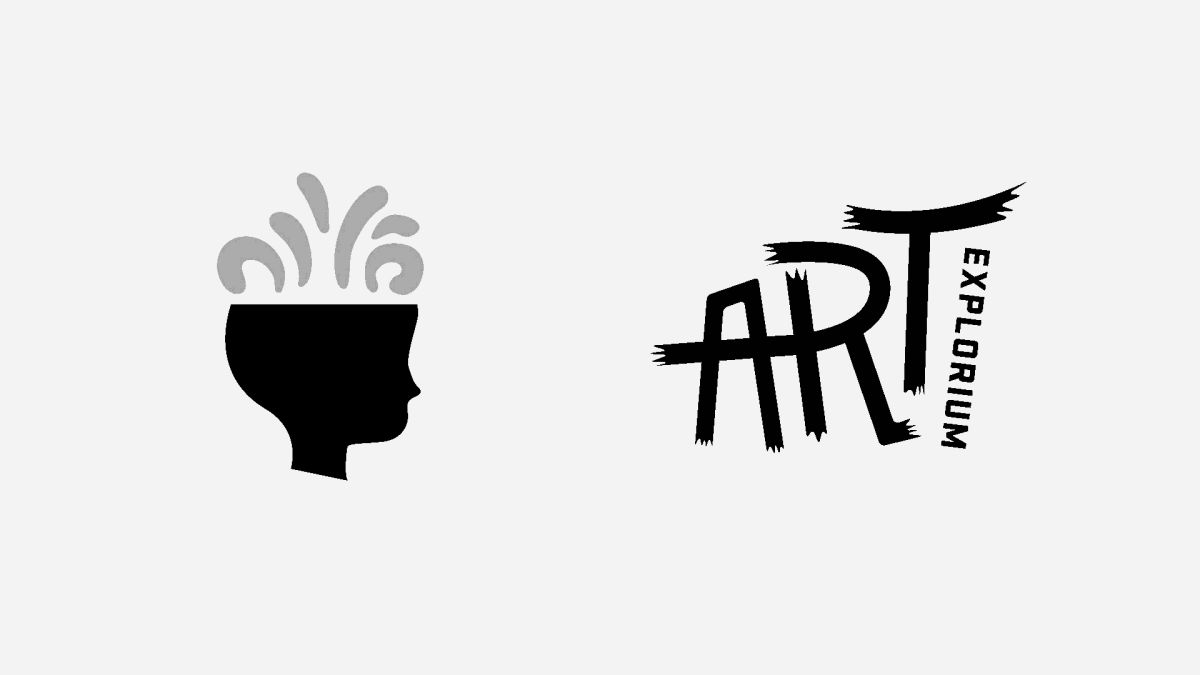 Two logos: a child's head silhouette with gray swirls rising from it, and a brushy "Art Explorium" wordmark