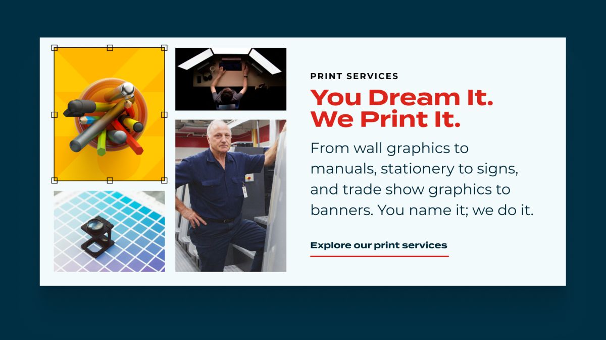 HONBLUE print services web banner, "You Dream It. We Print It.", with photos of markers, a press operator and a loupe