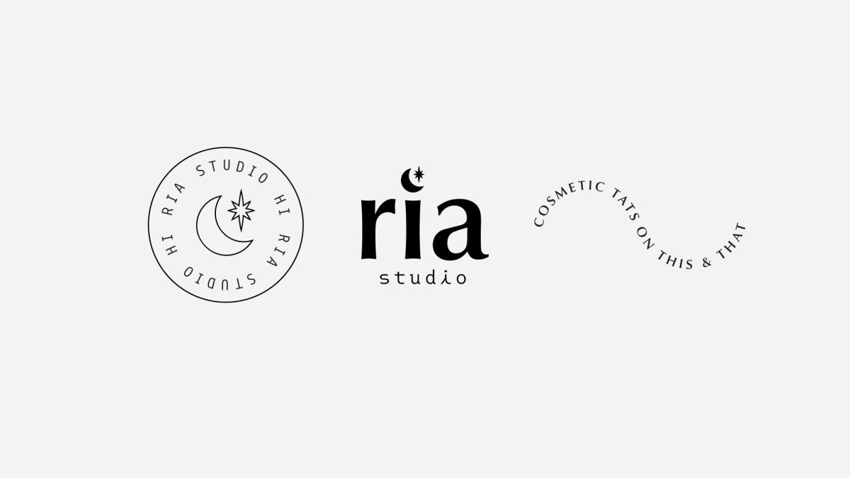 Ria Studio logo set: a moon and star circular badge, the "ria studio" wordmark and a wavy tagline line