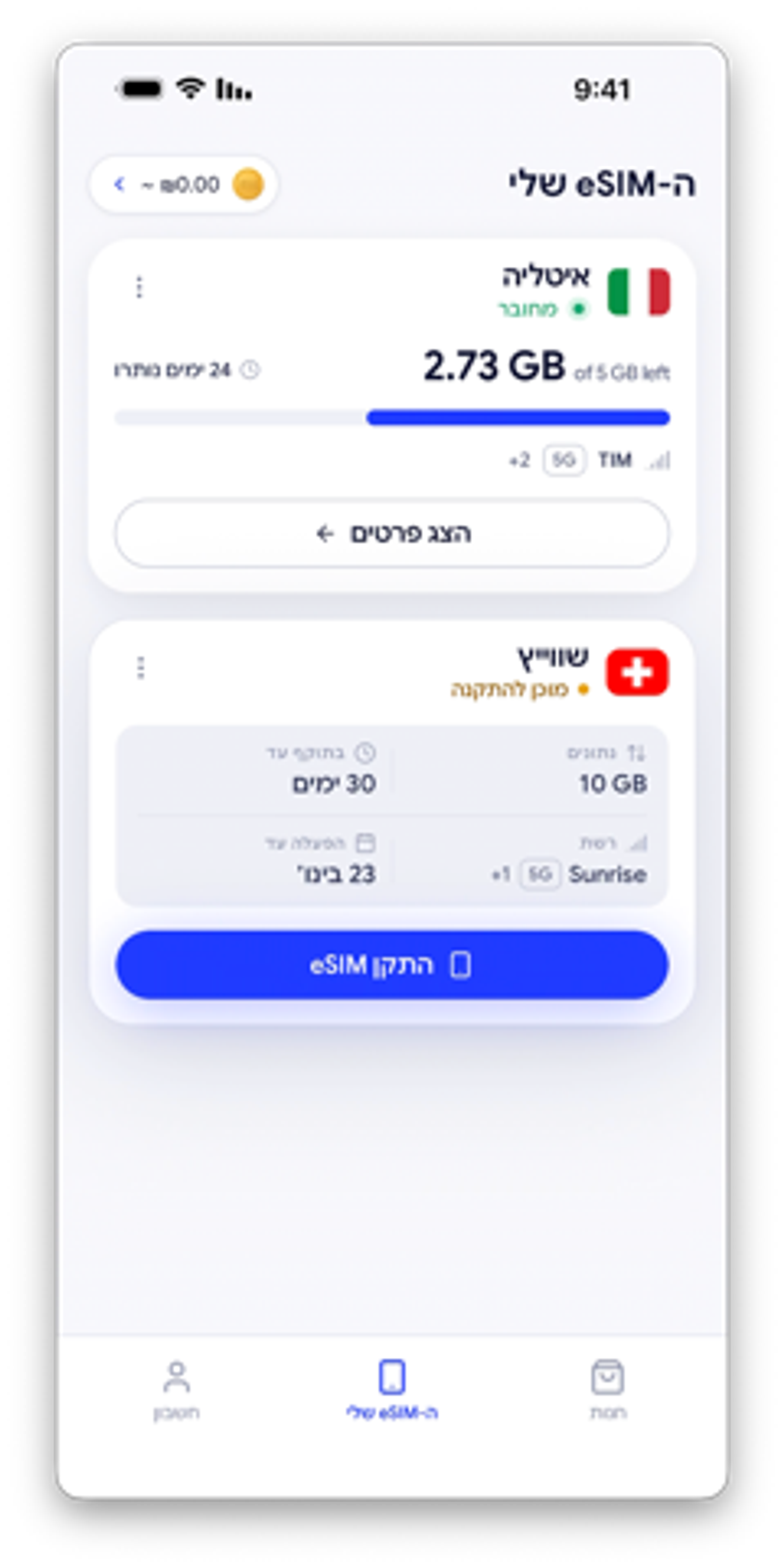 מסך "ה-eSIM שלי" באפליקציית SimSIM, עם חבילת איטליה מחוברת וחבילת שוויץ מוכנה להתקנה עם כפתור "התקן eSIM"