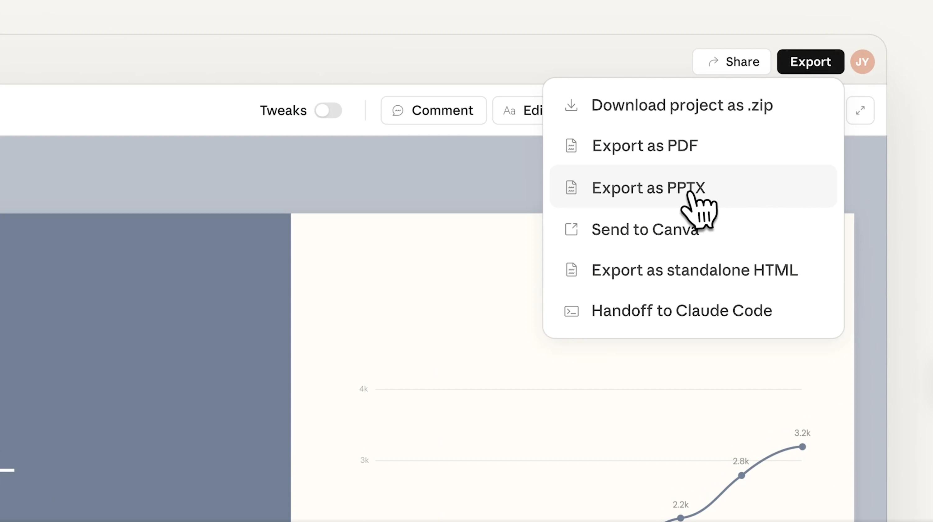 Claude Design export options — PDF, PPTX, HTML, Canva and Claude Code handoff