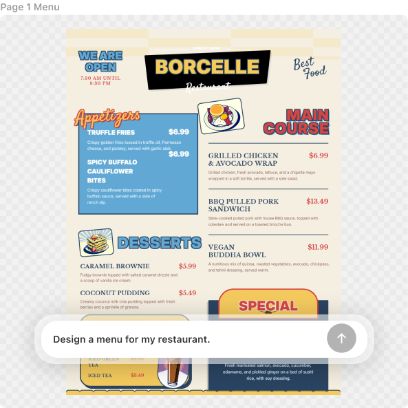 A modern, clean restaurant menu layout displayed on a tablet next to a coffee cup