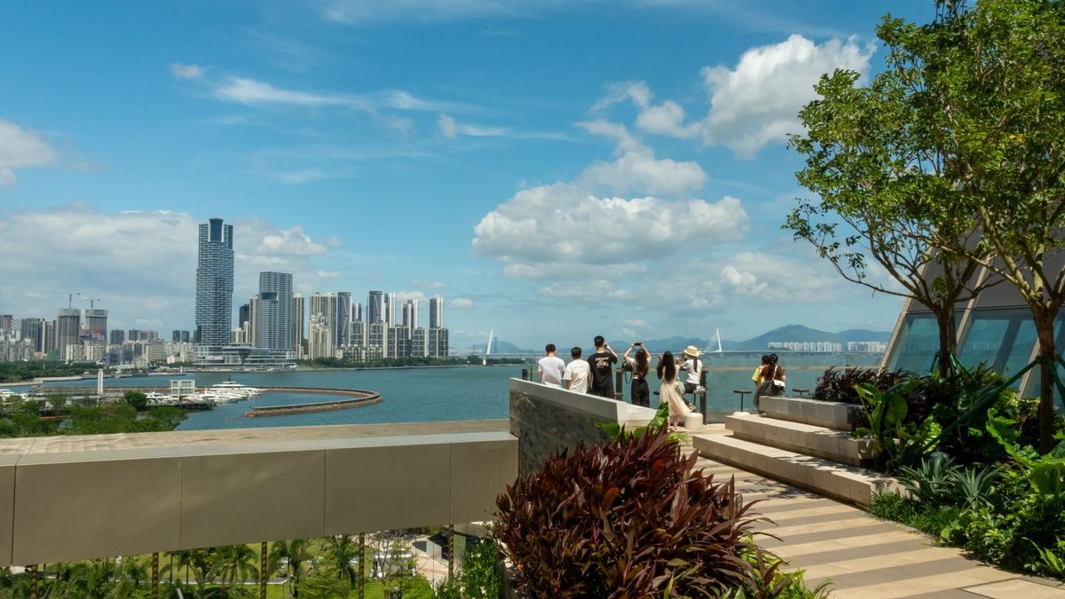 A planted rooftop terrace overlooking the Shenzhen skyline