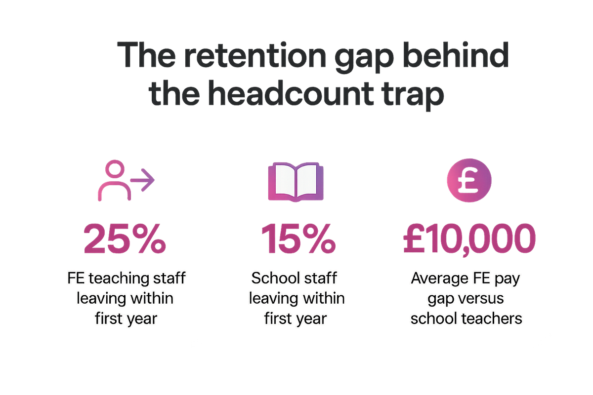 Bar-style stats comparing FE staff turnover, school staff turnover, and the average FE pay gap versus schools