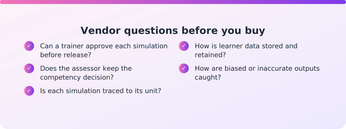 Checklist of questions to ask an AI simulation vendor about review, alignment, data and governance before buying