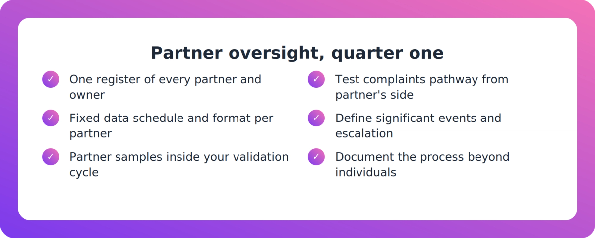 Checklist of six routine oversight actions an RTO operations leader can set up for third-party partners this quarter
