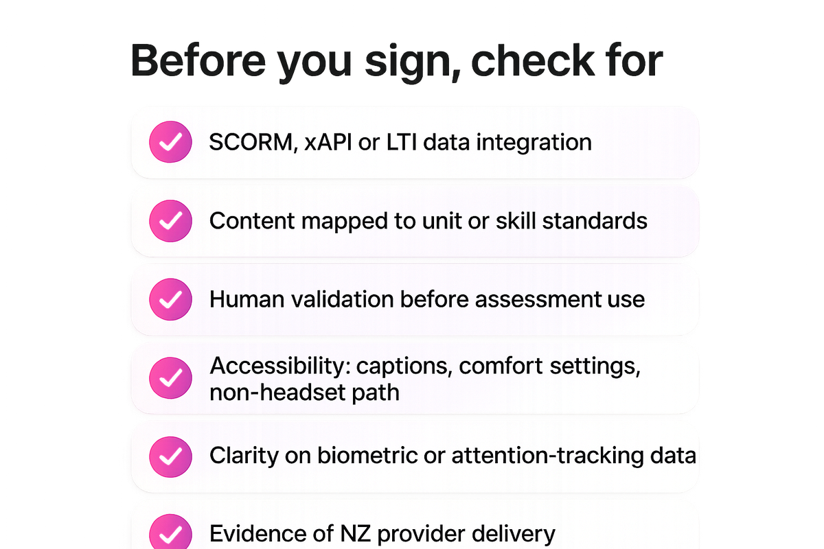 Checklist of criteria a NZ vocational provider should verify before buying an immersive learning platform