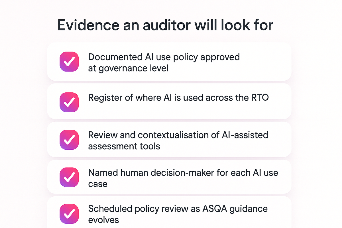 Checklist of five governance evidence items CEOs need to demonstrate oversight of AI use at RTO audit.