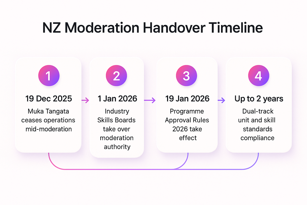 Timeline showing NZ moderation handover from Muka Tangata closure through to Industry Skills Boards and dual-track standards transition