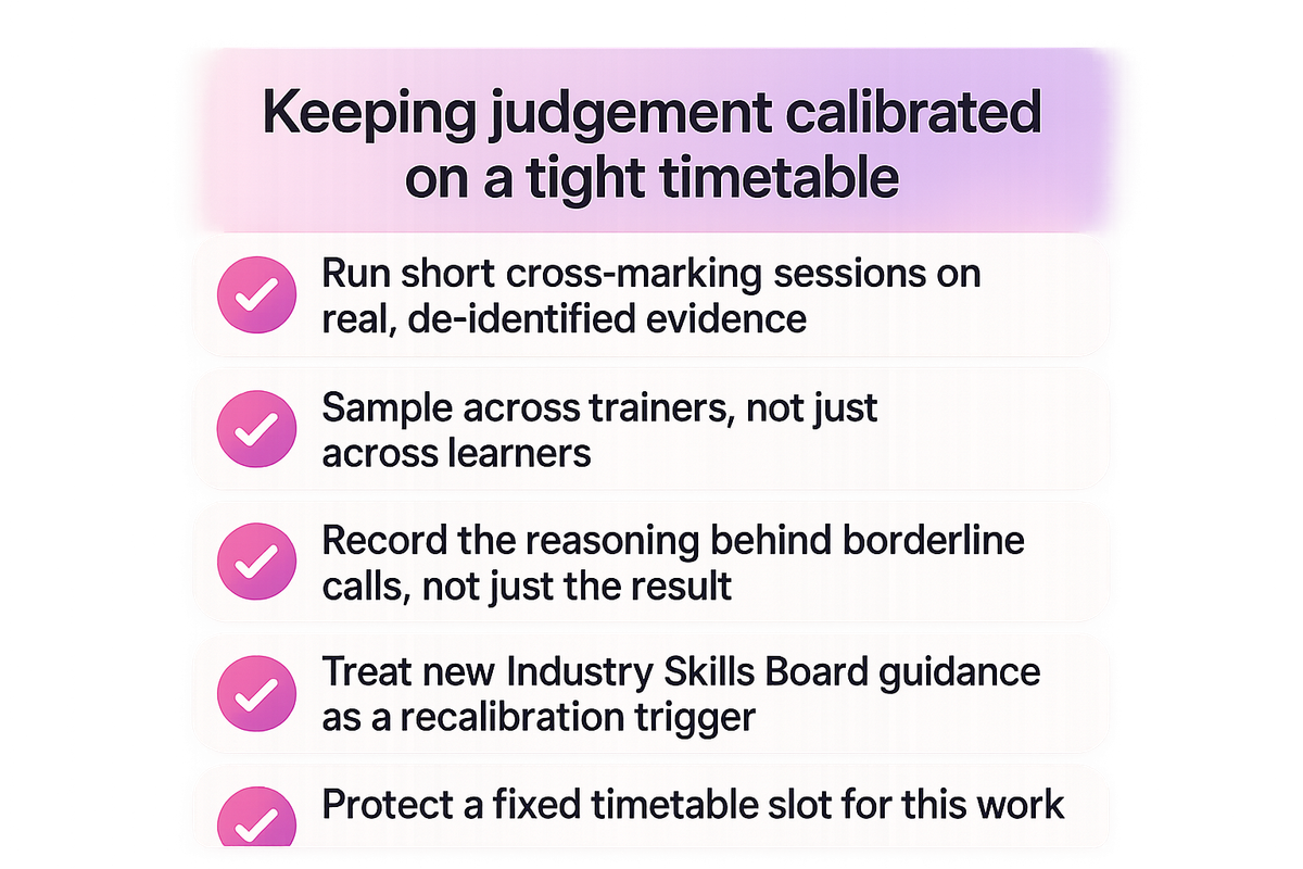 Checklist of five practical habits Heads of Training use to keep trainer assessment judgement calibrated