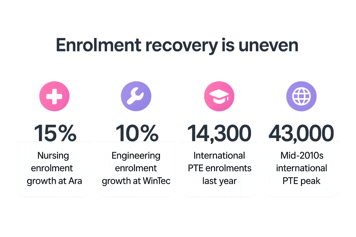 Stats panel showing enrolment growth figures for nursing and engineering plus international PTE enrolment recovery numbers