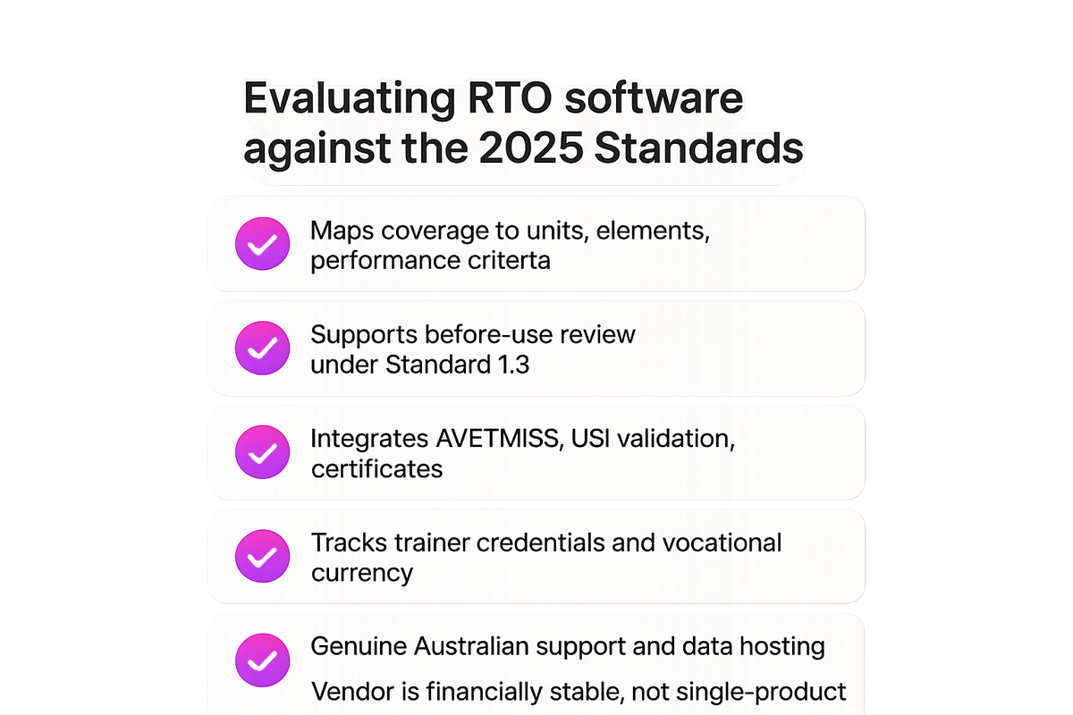 Checklist of six criteria for evaluating RTO compliance software against the Standards for RTOs 2025